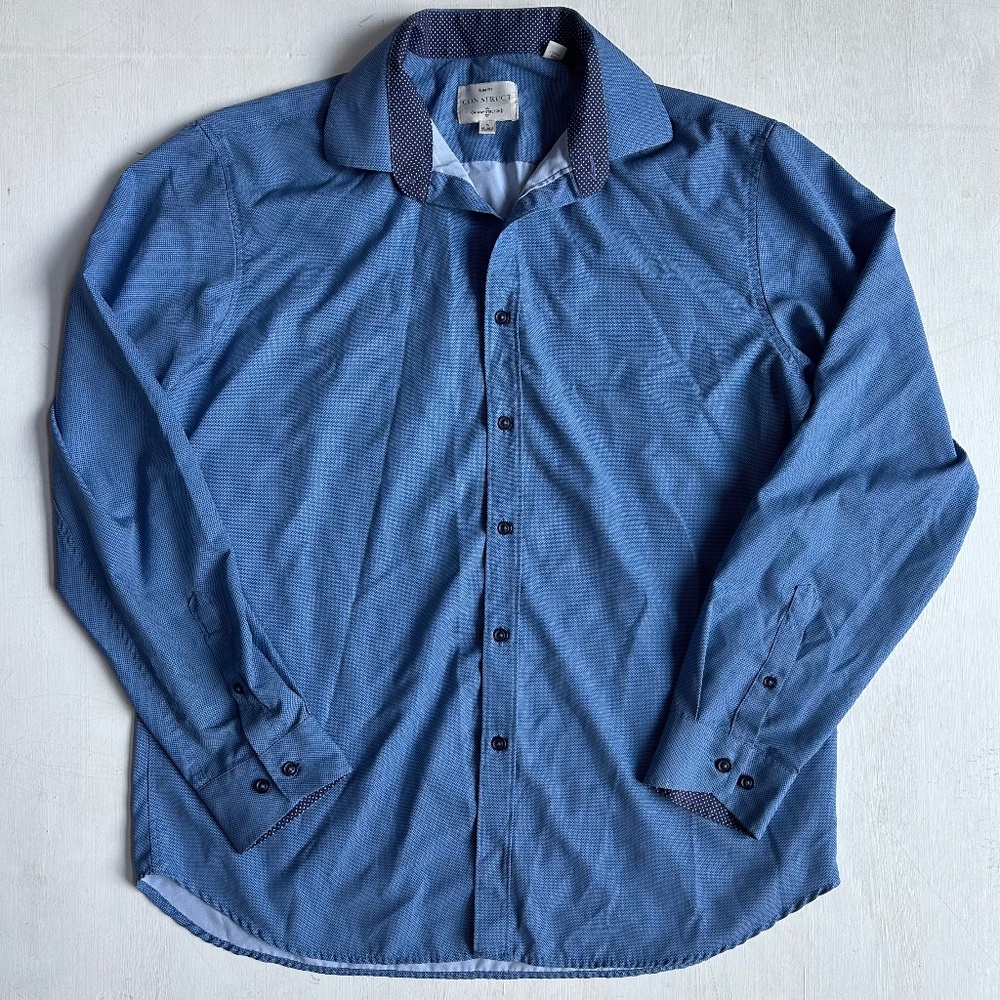 Con.Struct Blue 4 Way Stretch Slim Fit Button Down Shirt